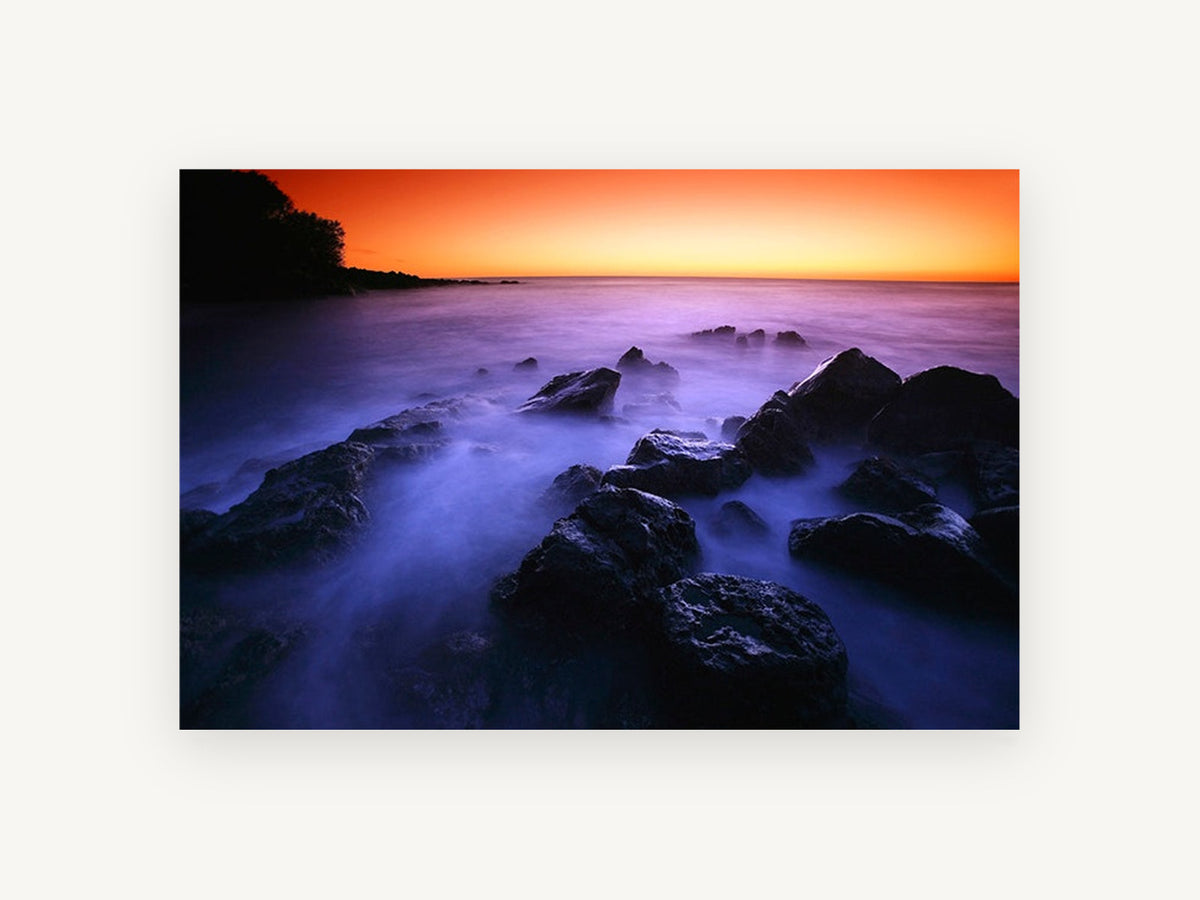 Misty Rocks at Dusk, coastal canvas wall art print, front view