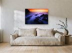 Misty Rocks at Dusk coastal canvas print on the wall of a living room