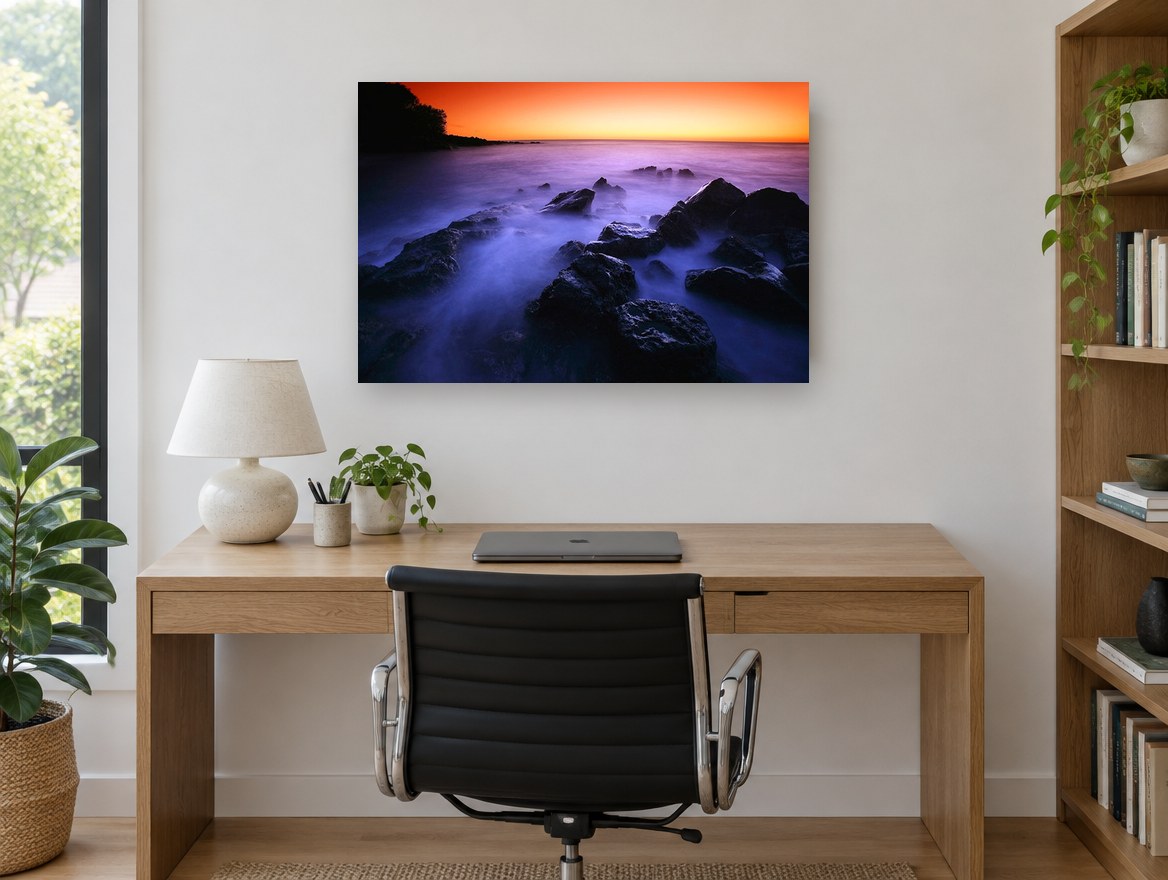 Misty Rocks at Dusk coastal canvas print on the wall of a study