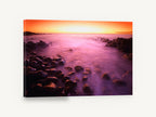 Violet Tide Sunset, sunset over misty rocky shore photograph, coastal canvas wall art print ready to hang