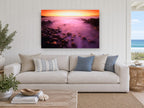 Violet Tide Sunset coastal canvas print on the wall of a beach house living room