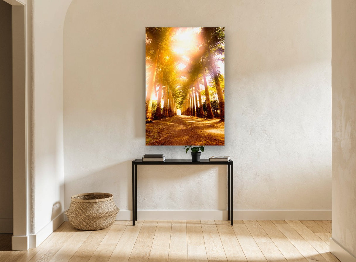 Sunlit Palm Avenue landscape canvas print on the wall of a hallway