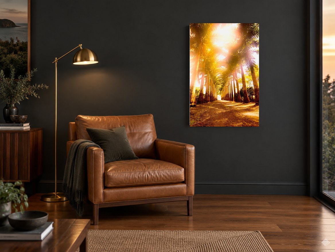 Sunlit Palm Avenue landscape canvas print on the wall of a charcoal living room