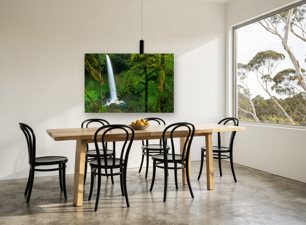 Mossy Forest Falls landscape canvas print on the wall of a dining room