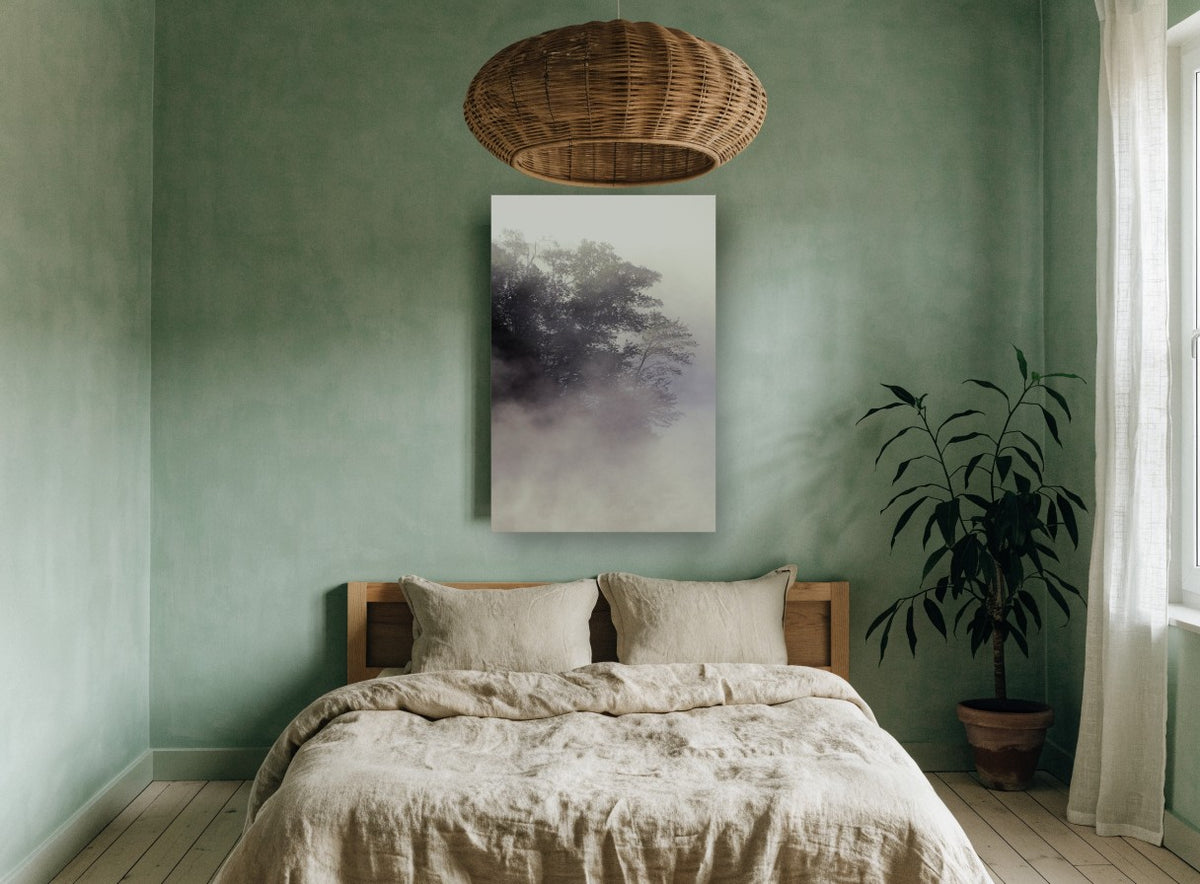 Fogbound Shoreline Trees landscape canvas print on the wall of a bedroom