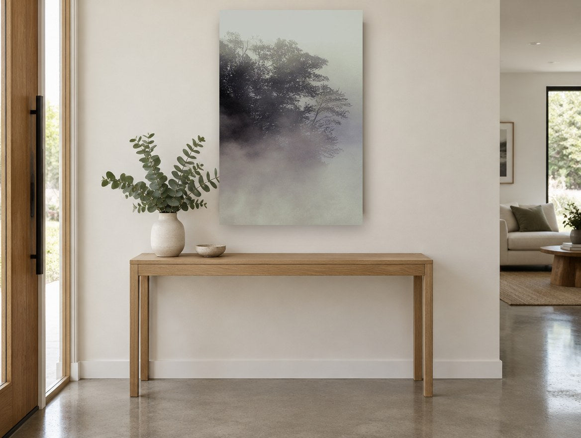 Fogbound Shoreline Trees landscape canvas print on the wall of a entry hall