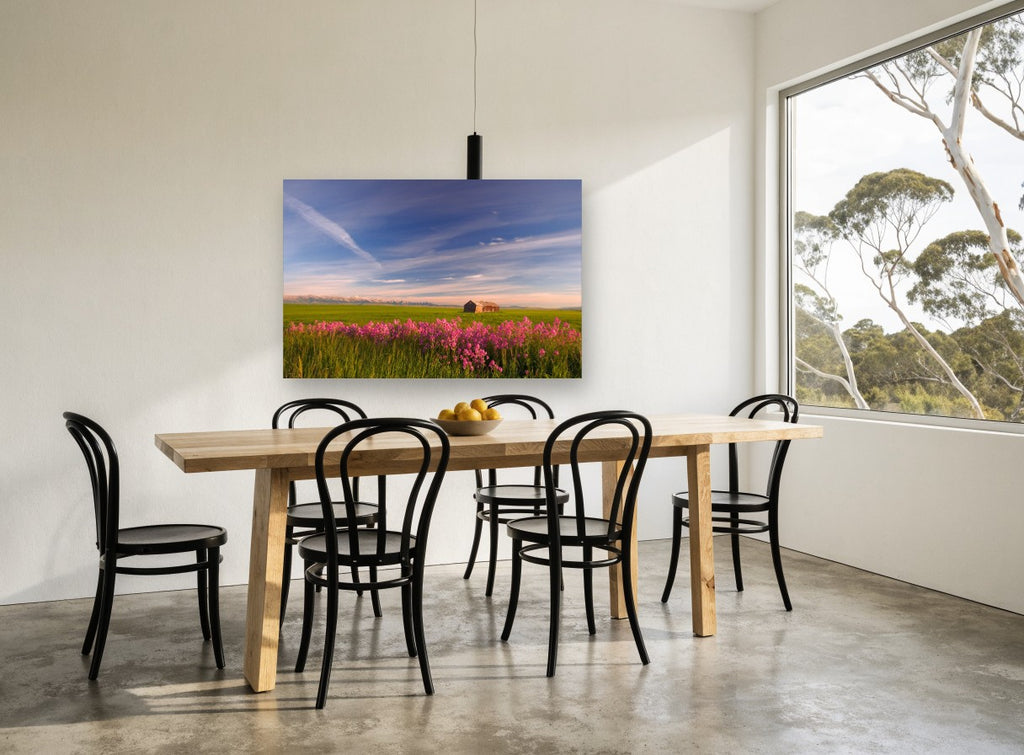 Pink Phlox Prairie landscape canvas print on the wall of a dining room