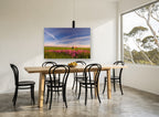 Pink Phlox Prairie landscape canvas print on the wall of a dining room