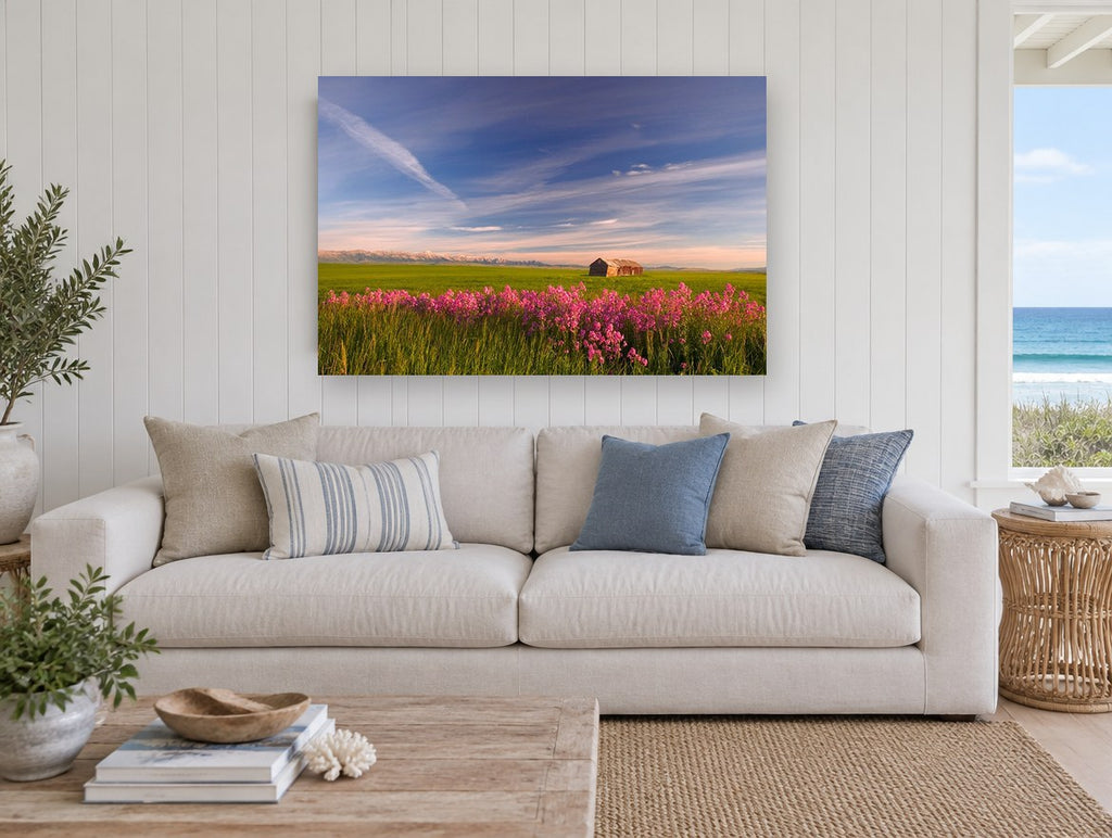 Pink Phlox Prairie landscape canvas print on the wall of a beach house living room