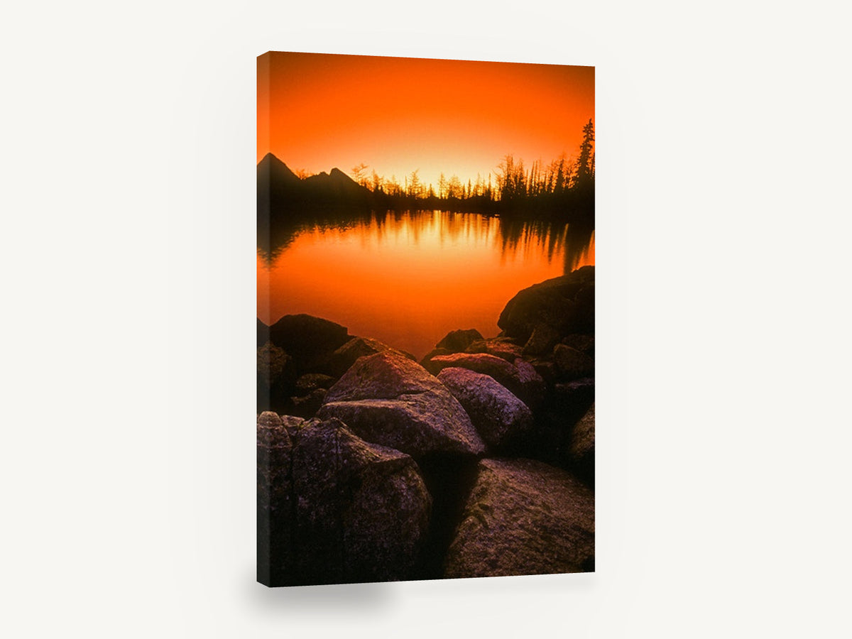 Ember Lake Glow, orange sunset lake reflection photograph, landscape canvas wall art print ready to hang