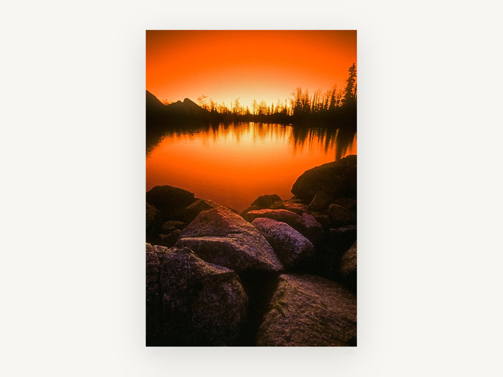 Ember Lake Glow, orange sunset lake reflection photograph, landscape canvas wall art print, front view