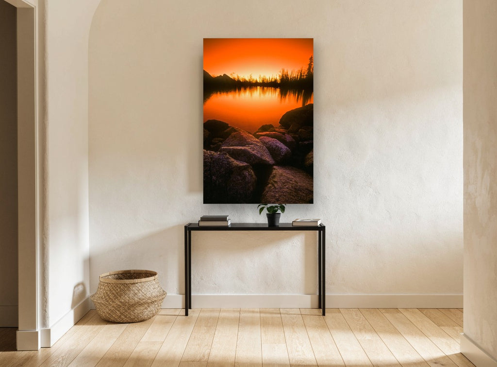 Ember Lake Glow landscape canvas print on the wall of a hallway