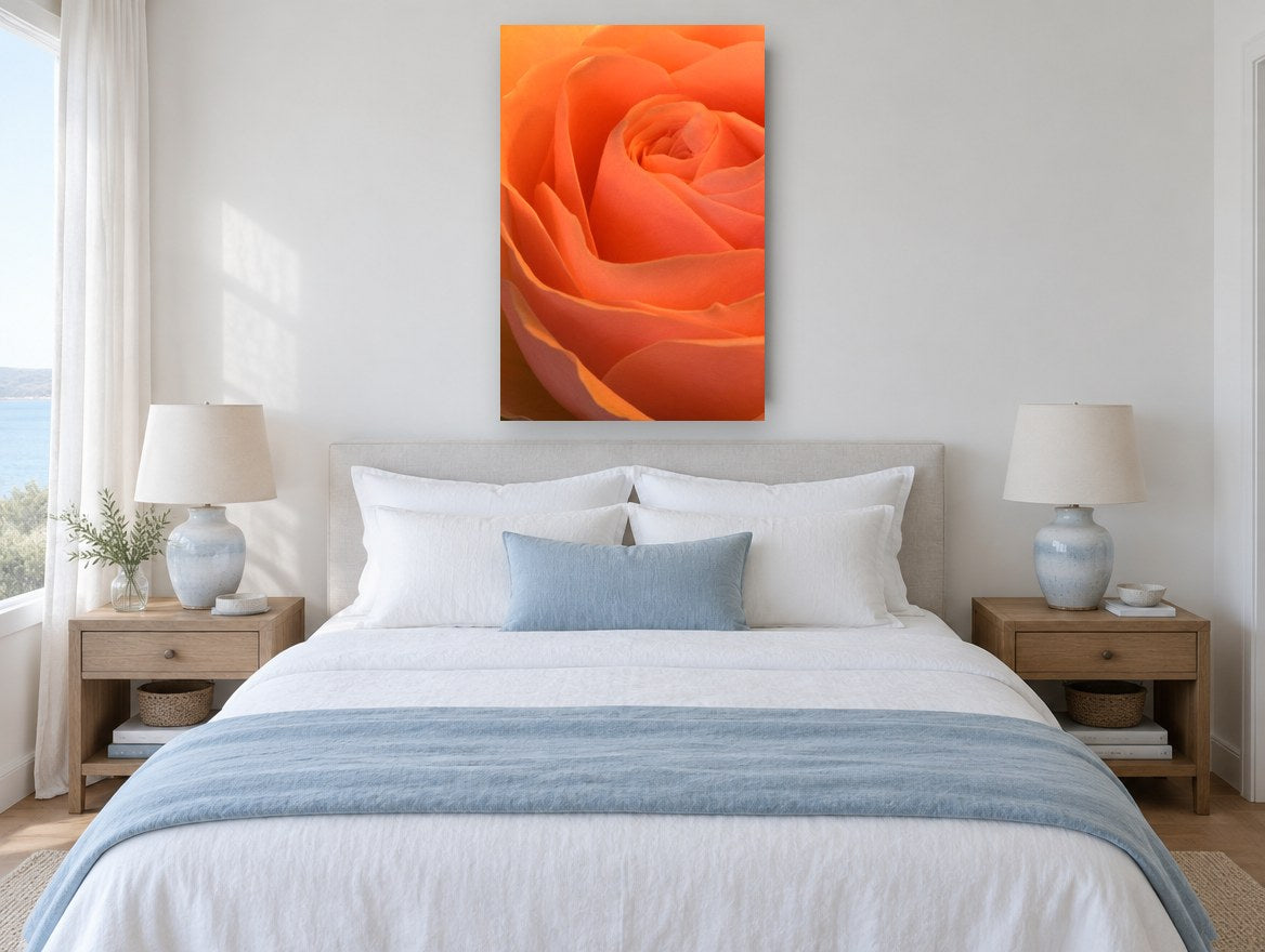 Apricot Rose Spiral floral canvas print on the wall of a coastal bedroom