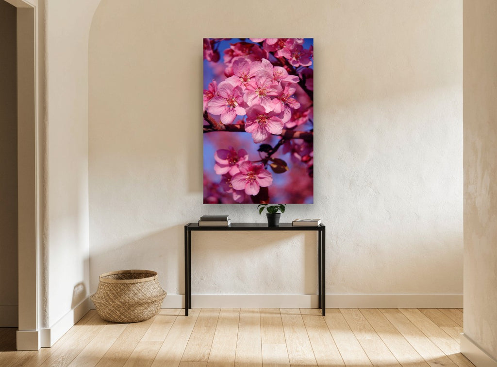 Crabapple Blossom Glow floral canvas print on the wall of a hallway