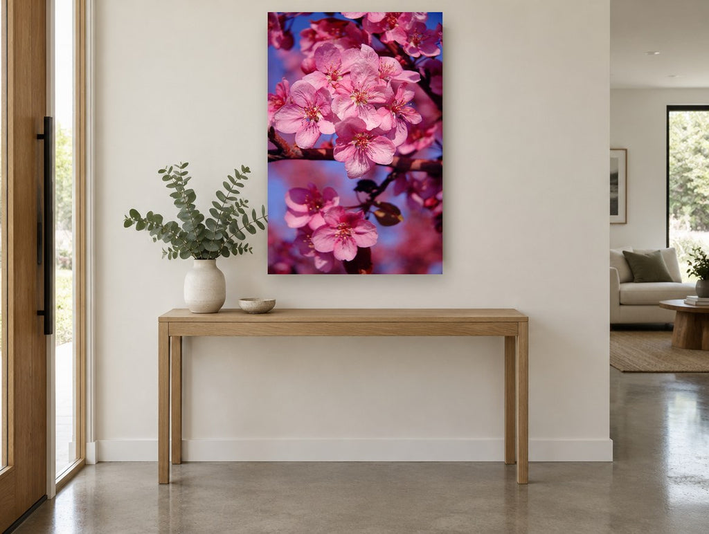 Crabapple Blossom Glow floral canvas print on the wall of a entry hall