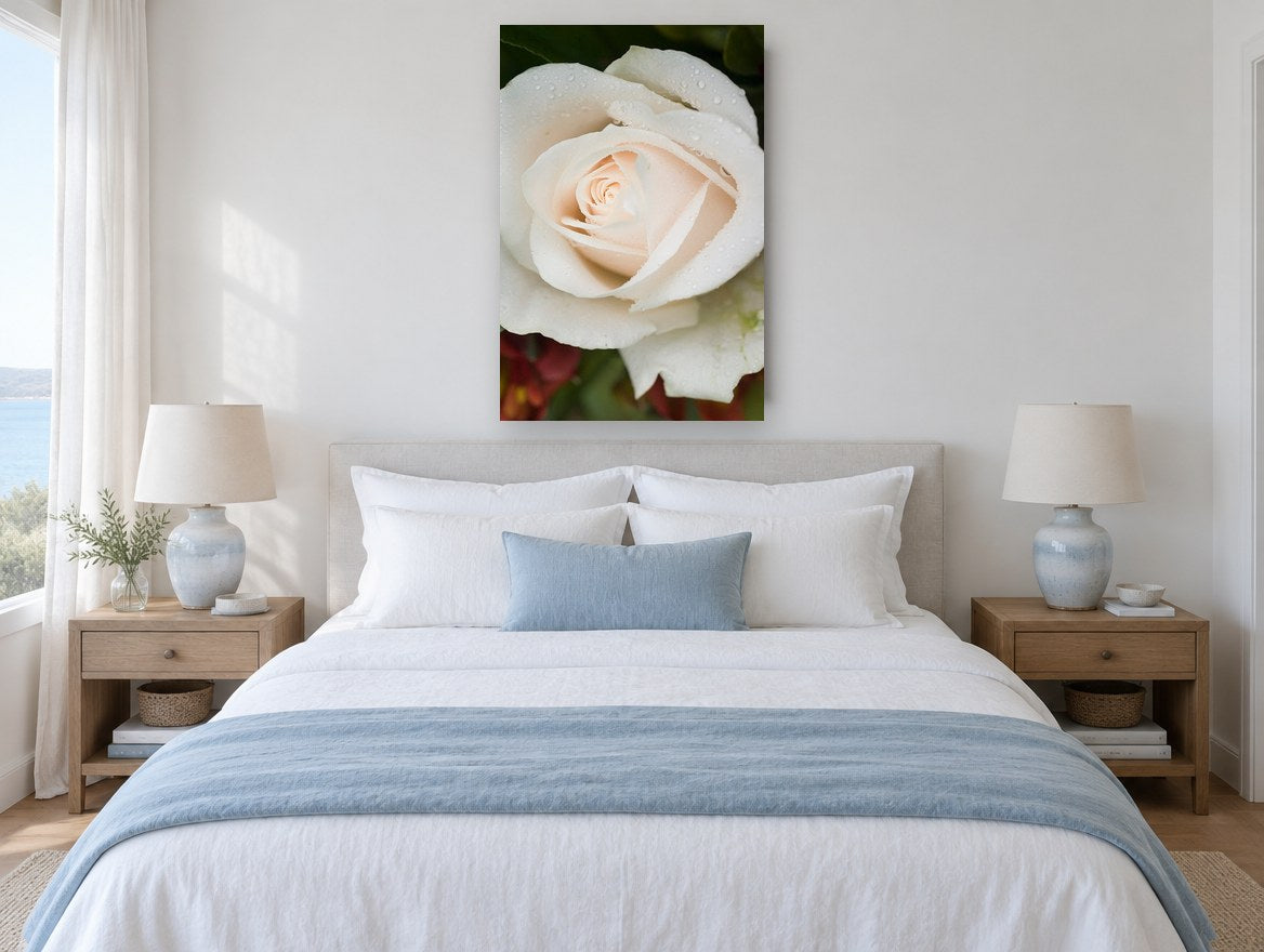 Dew on Cream Rose floral canvas print on the wall of a coastal bedroom
