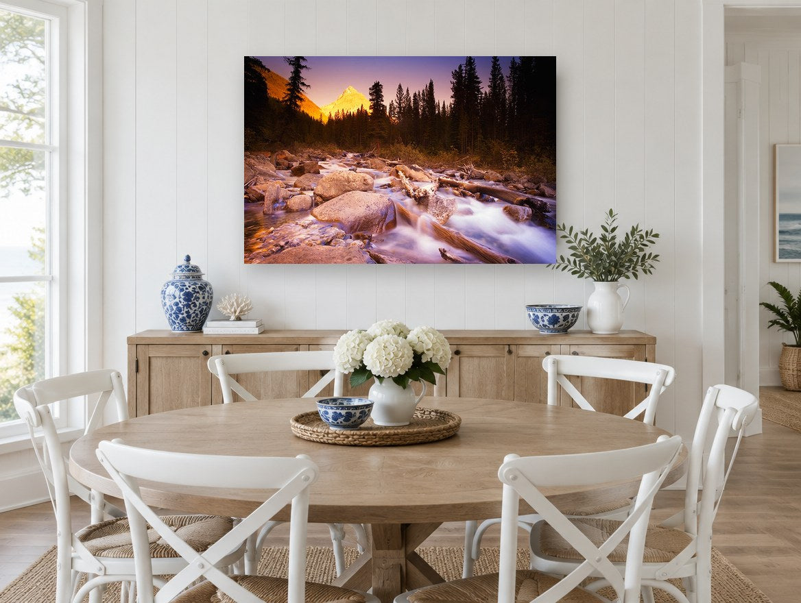 Alpenglow Over the Creek landscape canvas print on the wall of a Hamptons dining room