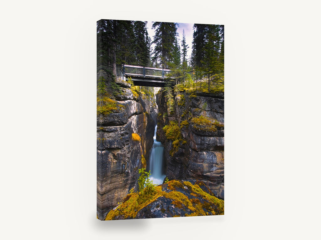 Gorge Bridge Falls, narrow gorge waterfall bridge photograph, landscape canvas wall art print ready to hang