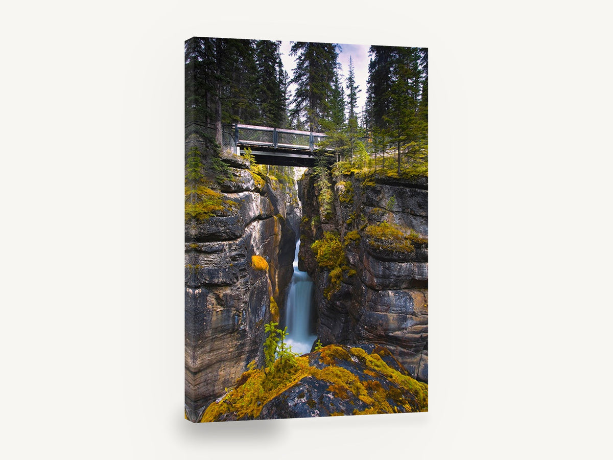 Gorge Bridge Falls, narrow gorge waterfall bridge photograph, landscape canvas wall art print ready to hang