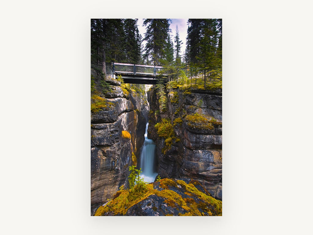 Gorge Bridge Falls, narrow gorge waterfall bridge photograph, landscape canvas wall art print, front view