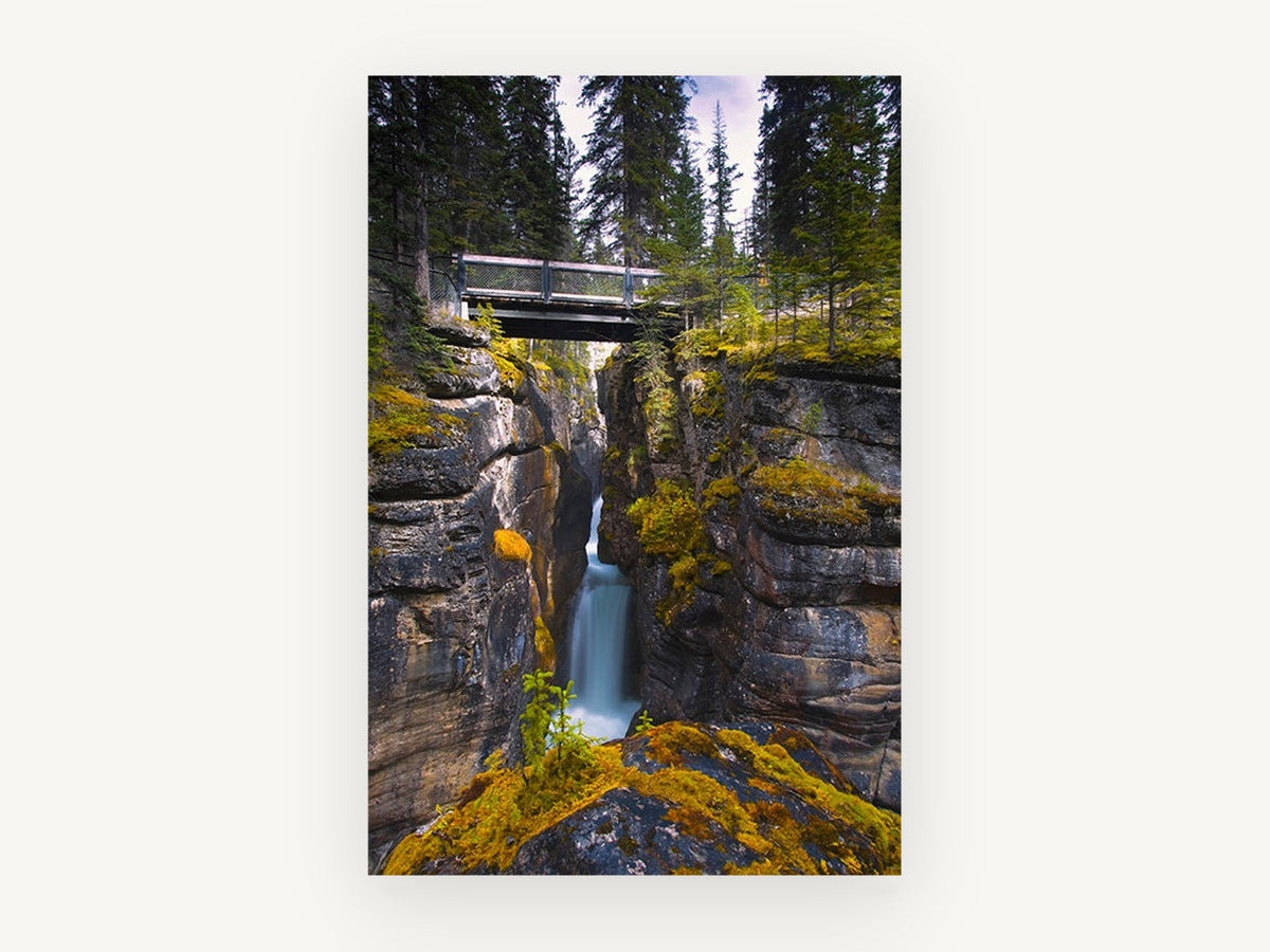 Gorge Bridge Falls, narrow gorge waterfall bridge photograph, landscape canvas wall art print, front view
