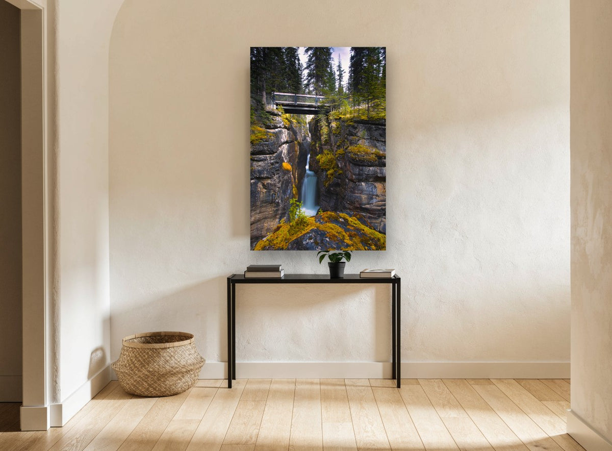 Gorge Bridge Falls landscape canvas print on the wall of a hallway
