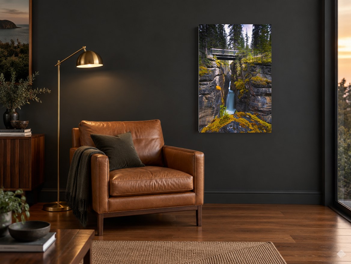 Gorge Bridge Falls landscape canvas print on the wall of a charcoal living room