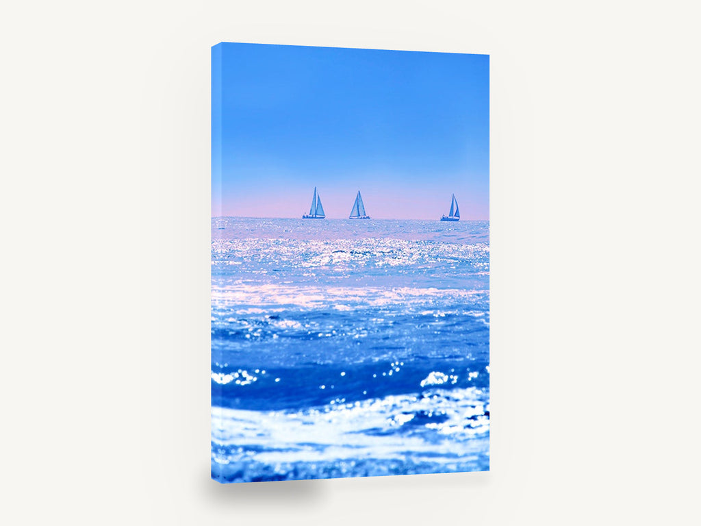 Three Sails Blue Horizon, sailboats on sparkling blue ocean photograph, coastal canvas wall art print ready to hang