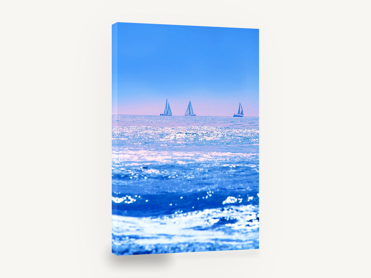 Three Sails Blue Horizon, sailboats on sparkling blue ocean photograph, coastal canvas wall art print ready to hang