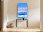 Three Sails Blue Horizon coastal canvas print on the wall of a hallway