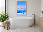 Three Sails Blue Horizon coastal canvas print on the wall of a bathroom