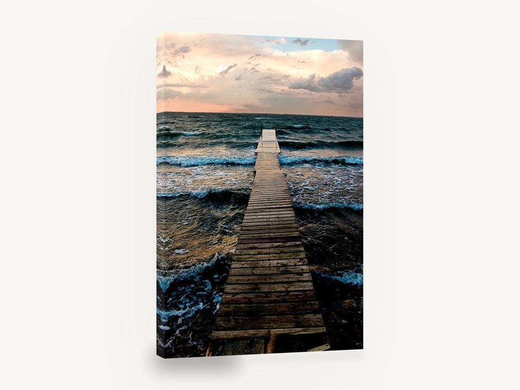 Jetty into the Squall, timber jetty choppy sea photograph, coastal canvas wall art print ready to hang