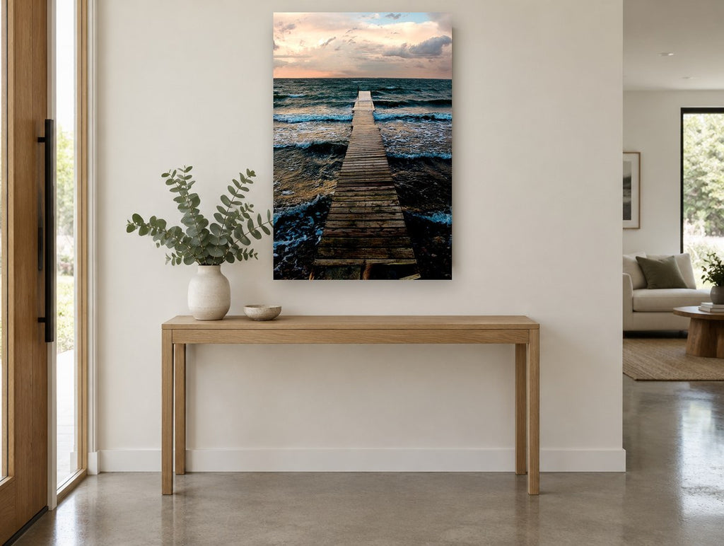 Jetty into the Squall coastal canvas print on the wall of a entry hall