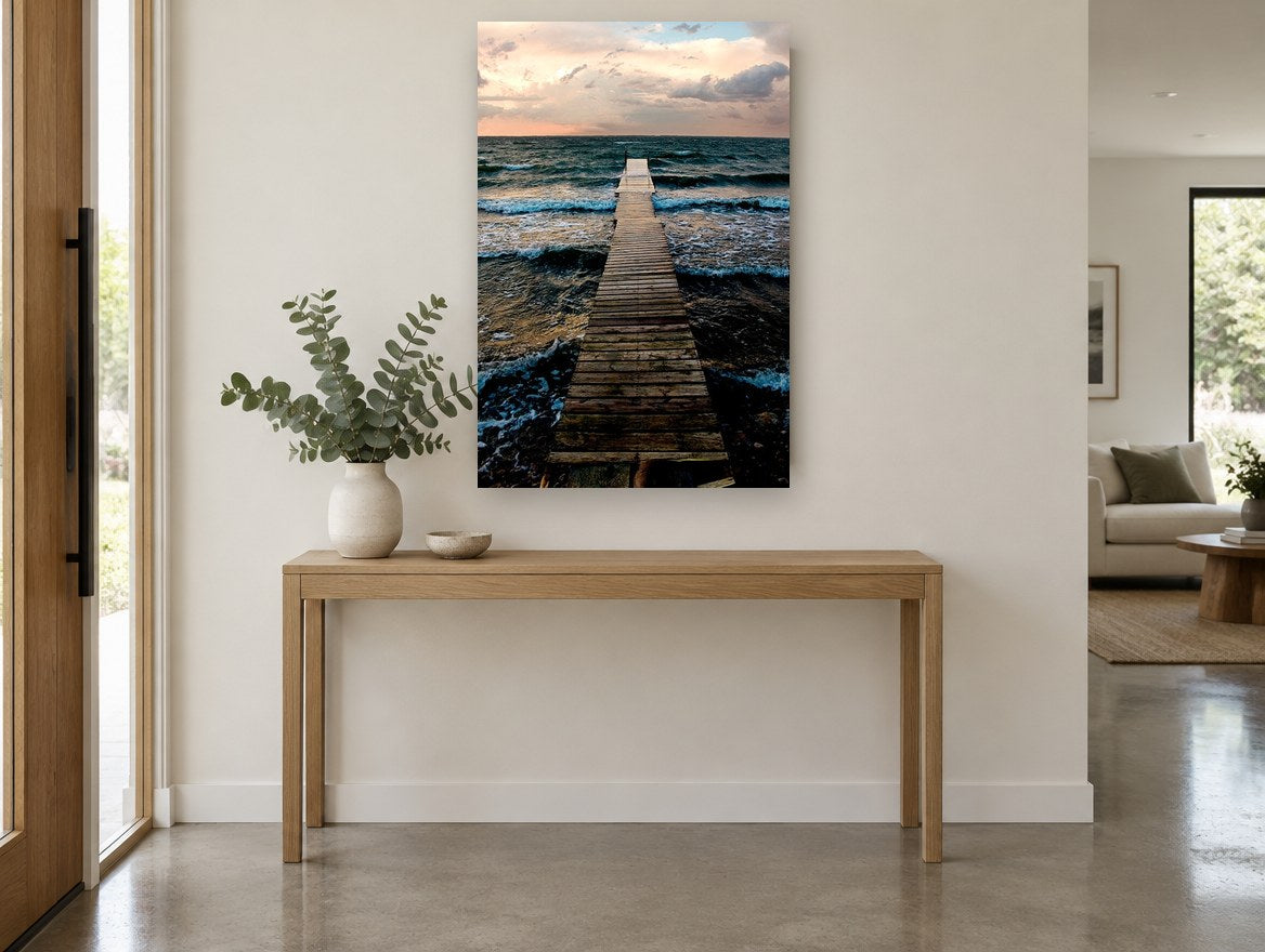 Jetty into the Squall coastal canvas print on the wall of a entry hall