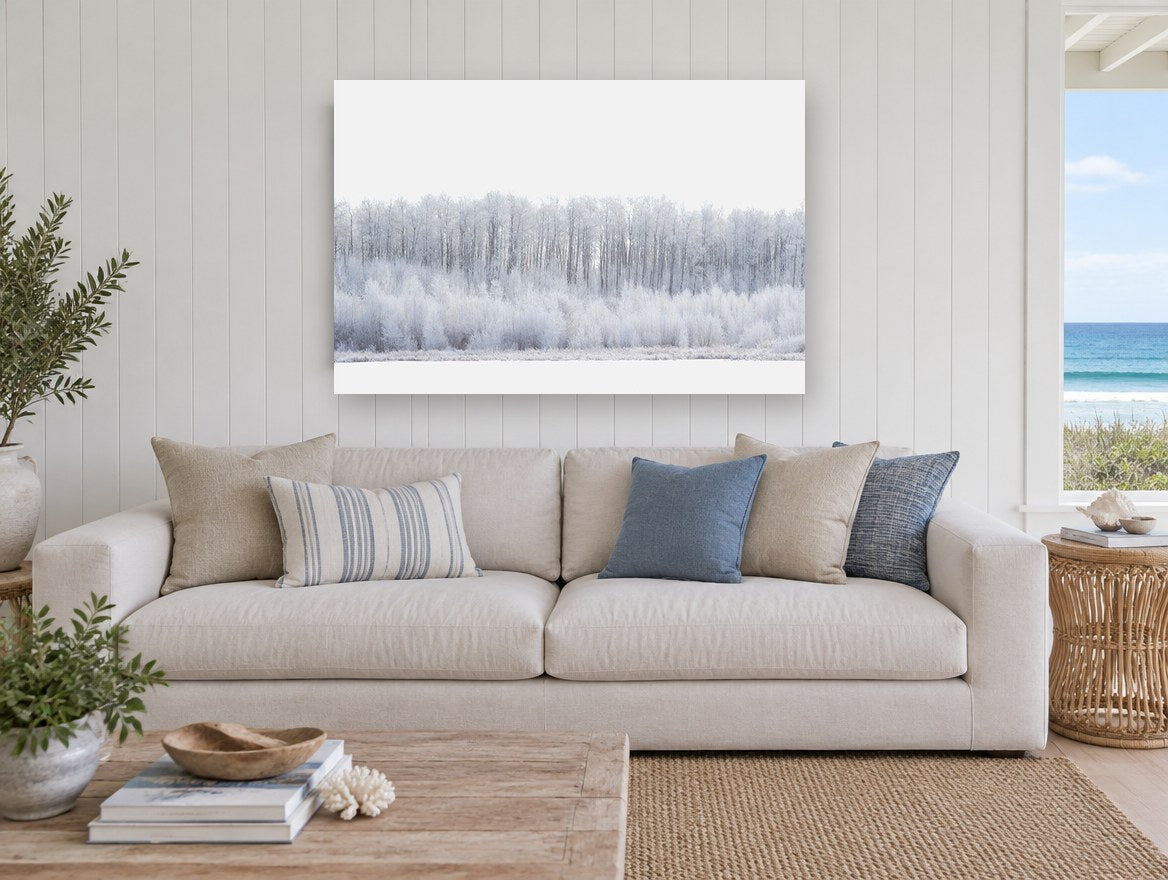 Hoarfrost Tree Line landscape canvas print on the wall of a beach house living room