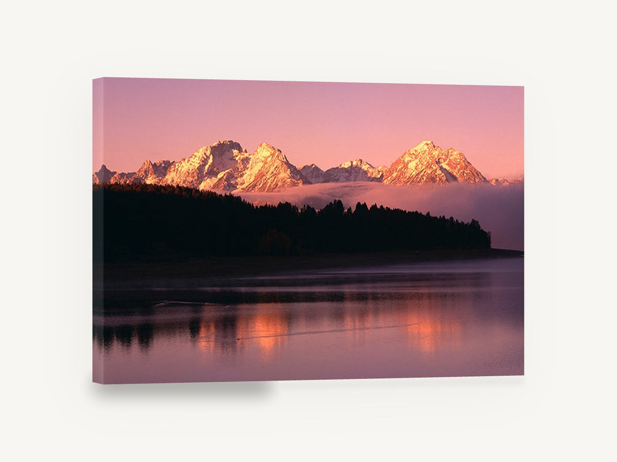 Rose Dawn Ridgeline, pink sunrise mountain lake photograph, landscape canvas wall art print ready to hang
