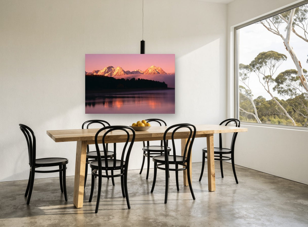 Rose Dawn Ridgeline landscape canvas print on the wall of a dining room