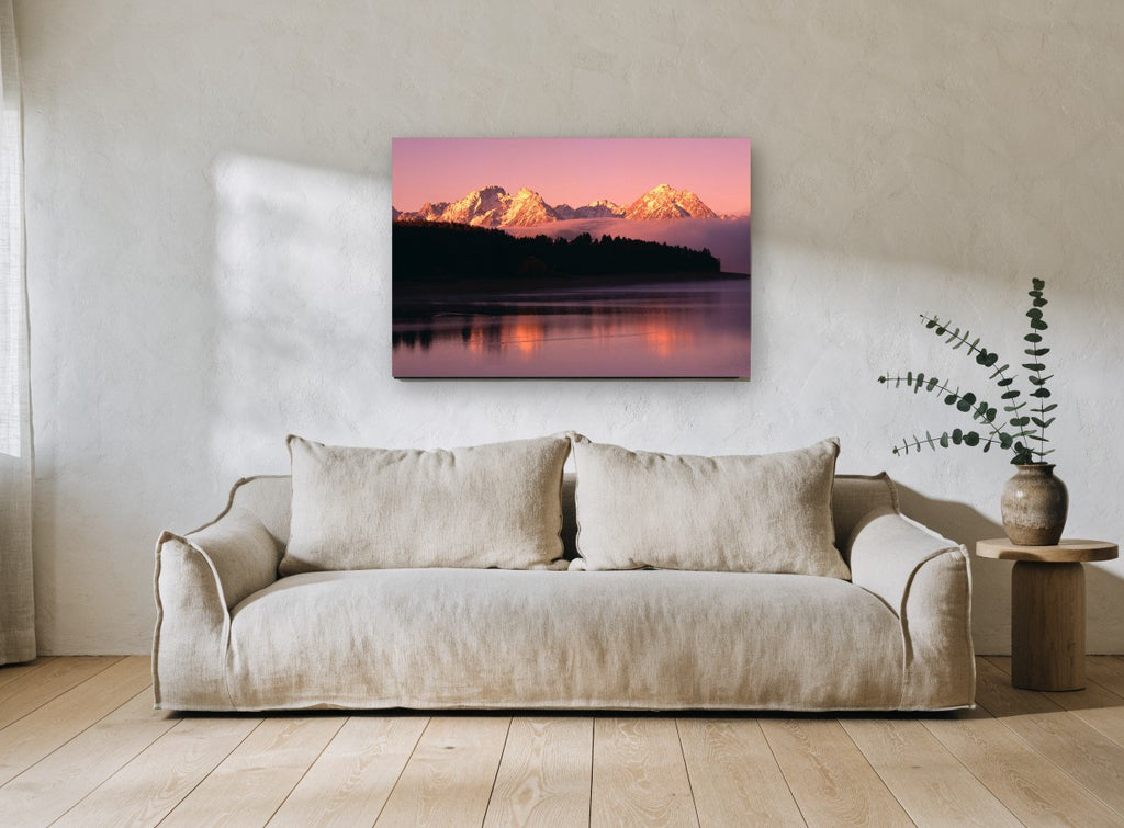 Rose Dawn Ridgeline landscape canvas print on the wall of a living room