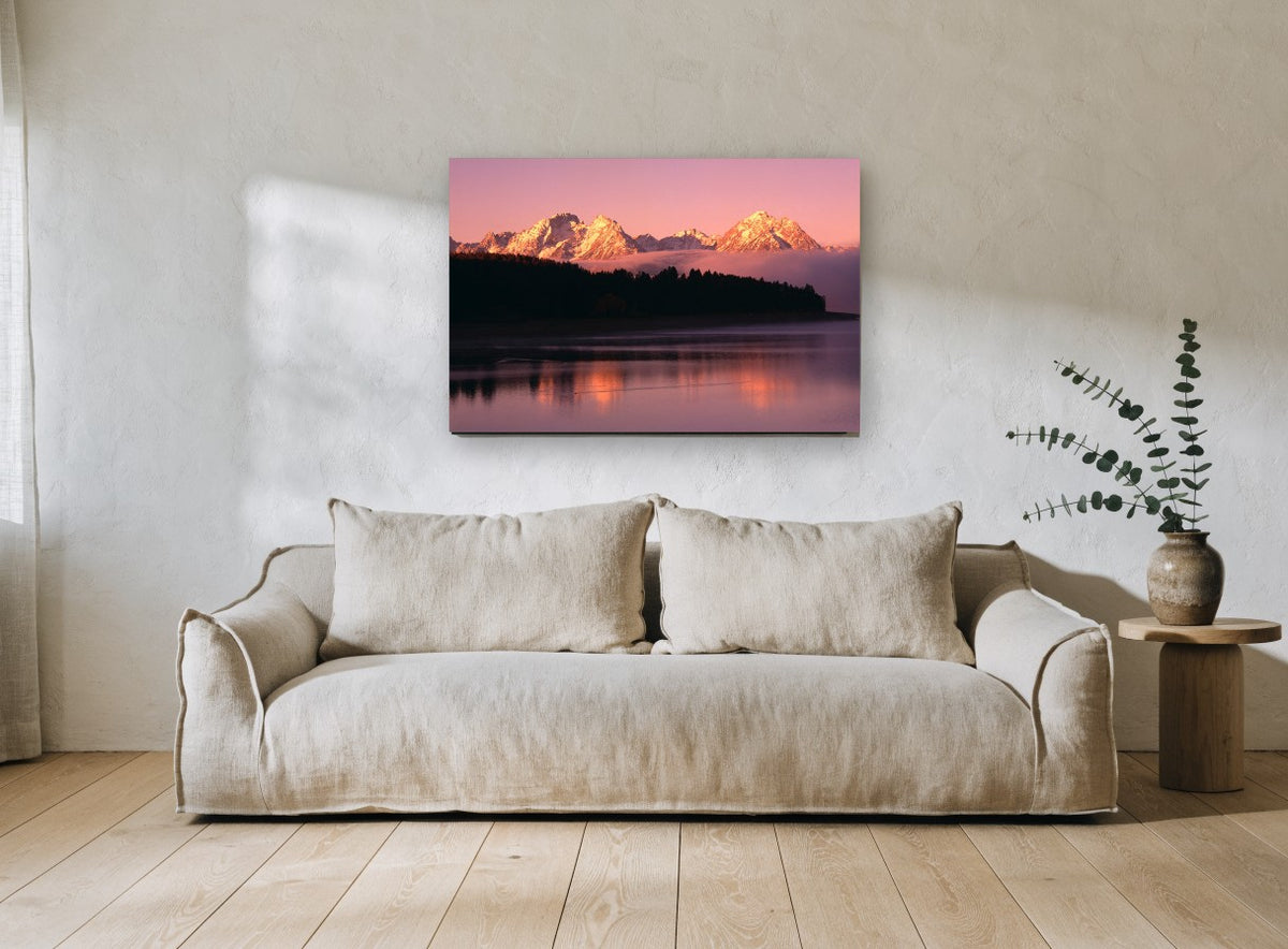 Rose Dawn Ridgeline landscape canvas print on the wall of a living room