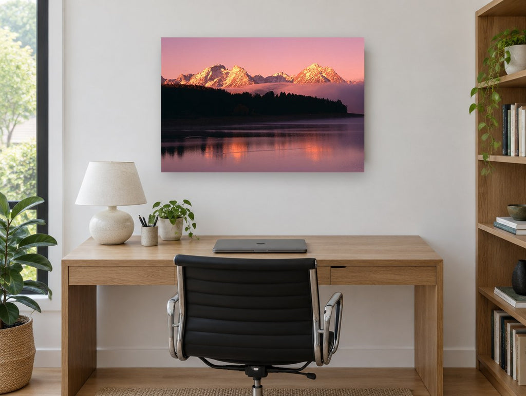 Rose Dawn Ridgeline landscape canvas print on the wall of a study