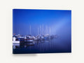 Blue Fog Marina, misty marina boats blue photograph, coastal canvas wall art print ready to hang