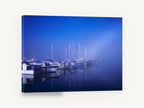 Blue Fog Marina, misty marina boats blue photograph, coastal canvas wall art print ready to hang