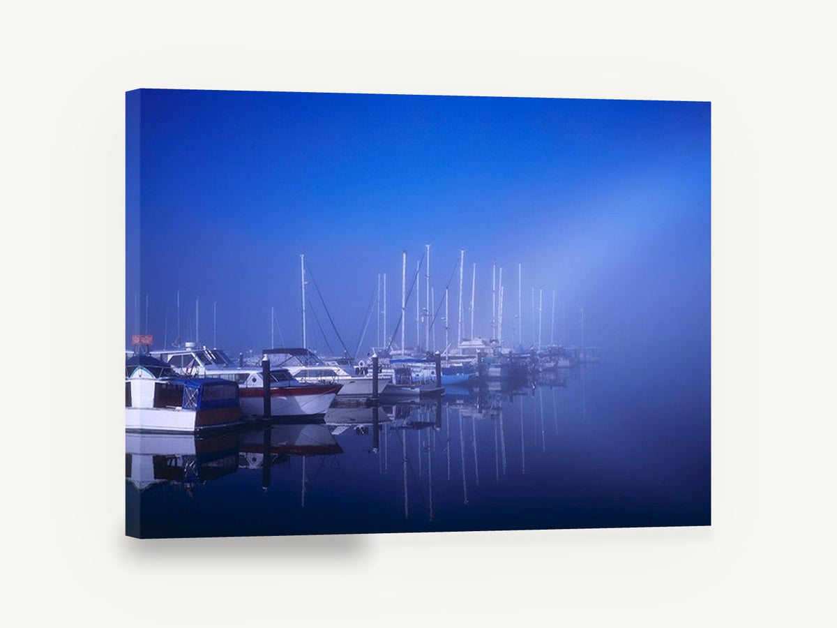Blue Fog Marina, misty marina boats blue photograph, coastal canvas wall art print ready to hang