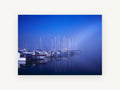 Blue Fog Marina, coastal canvas wall art print, front view