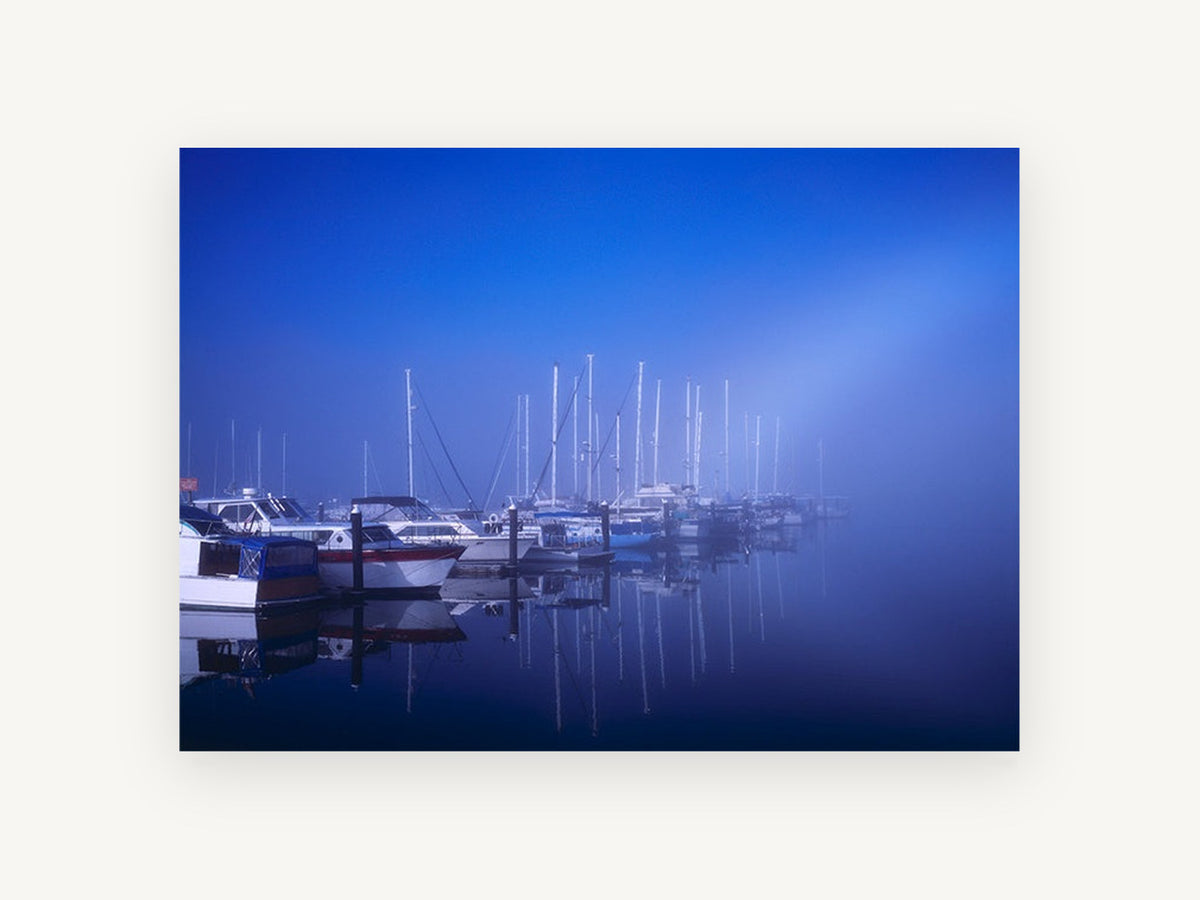 Blue Fog Marina, coastal canvas wall art print, front view
