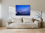 Blue Fog Marina coastal canvas print on the wall of a living room