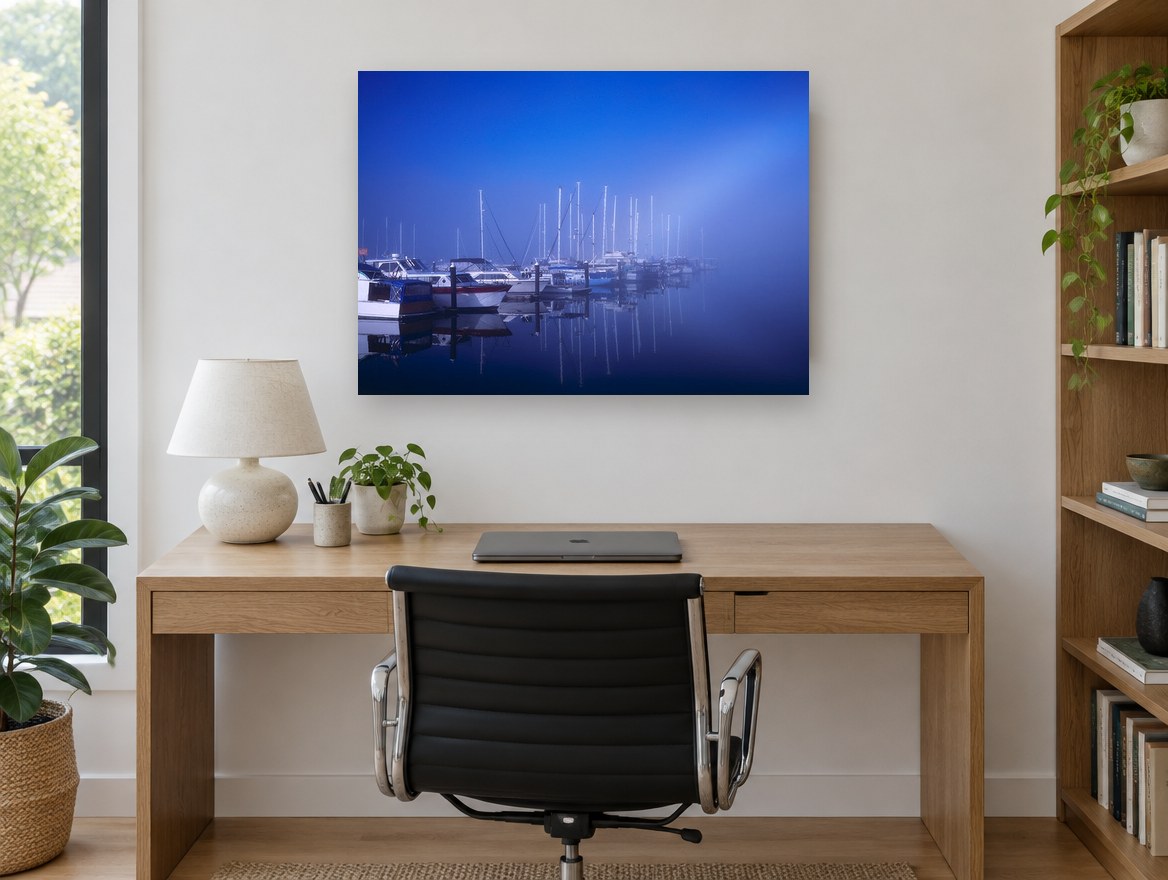 Blue Fog Marina coastal canvas print on the wall of a study