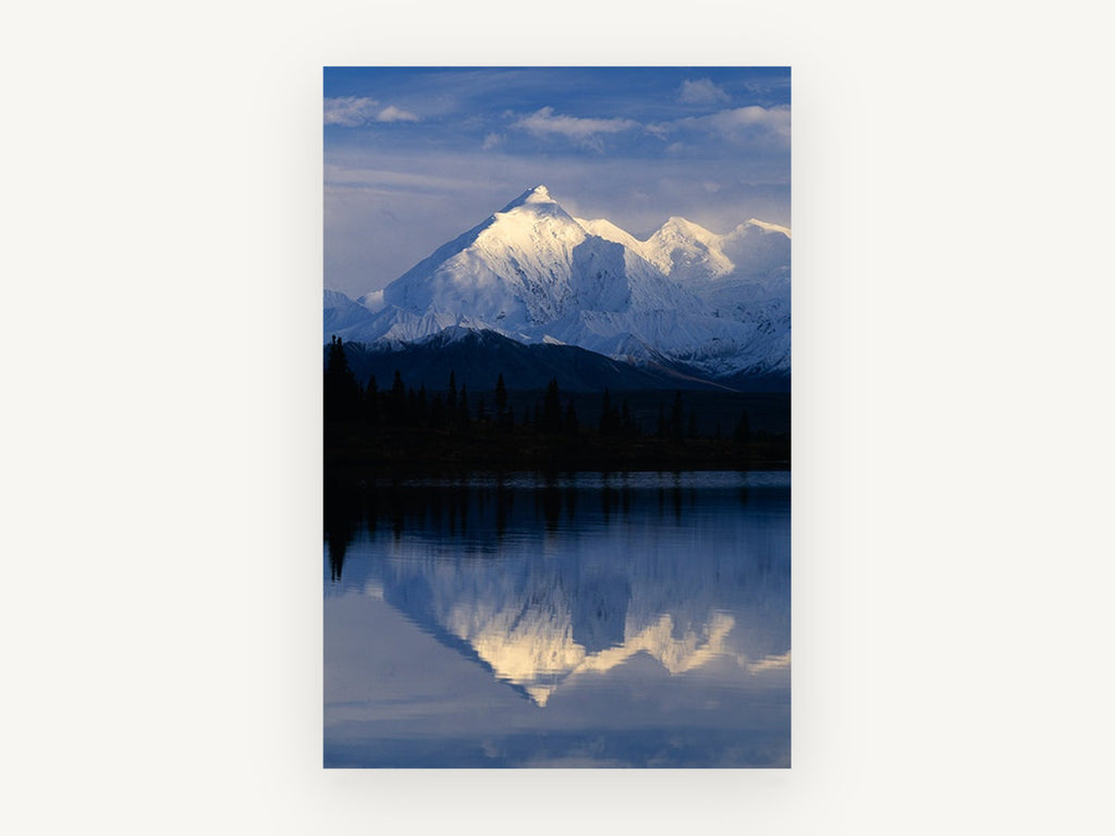 Alpenglow Mirror Lake, snowy mountain lake reflection photograph, landscape canvas wall art print, front view
