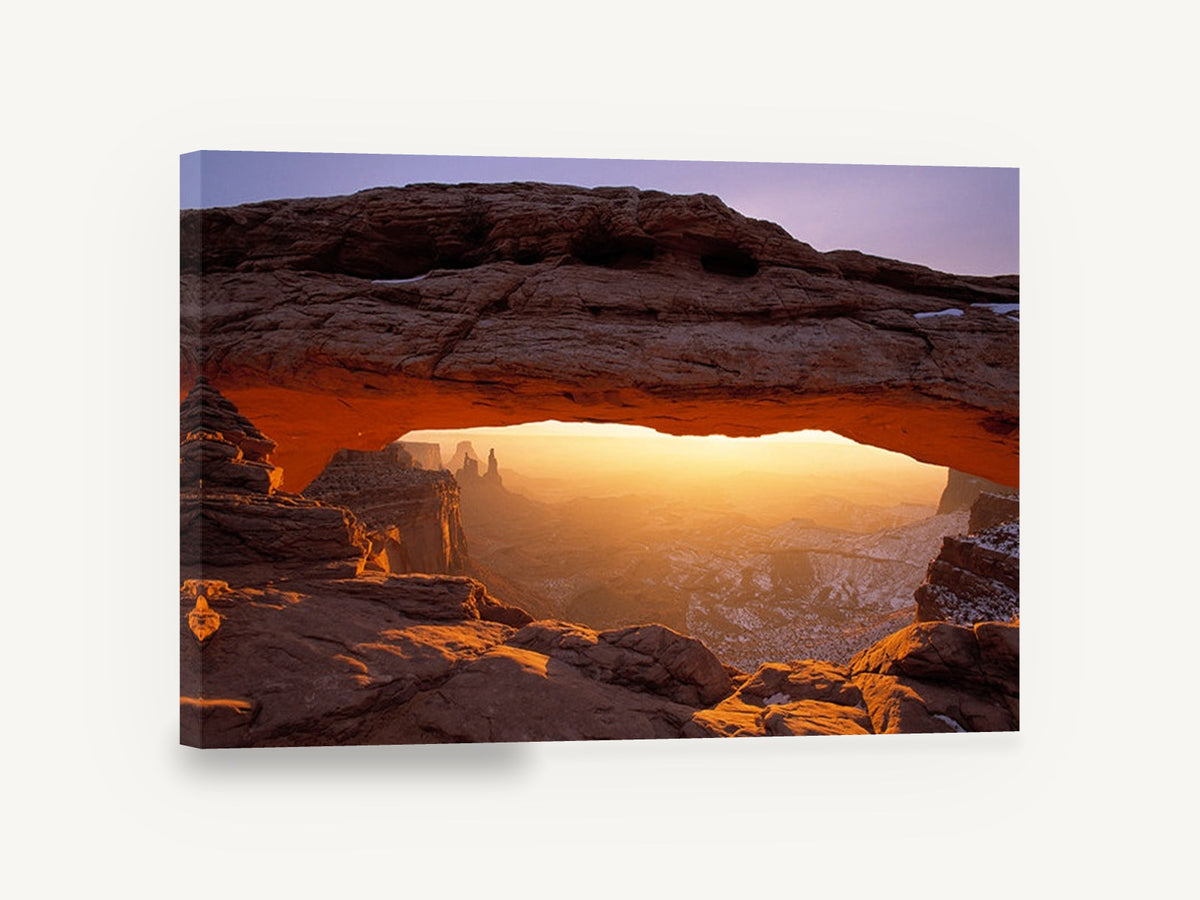 Glowing Rock Arch, sandstone arch desert sunrise photograph, landscape canvas wall art print ready to hang