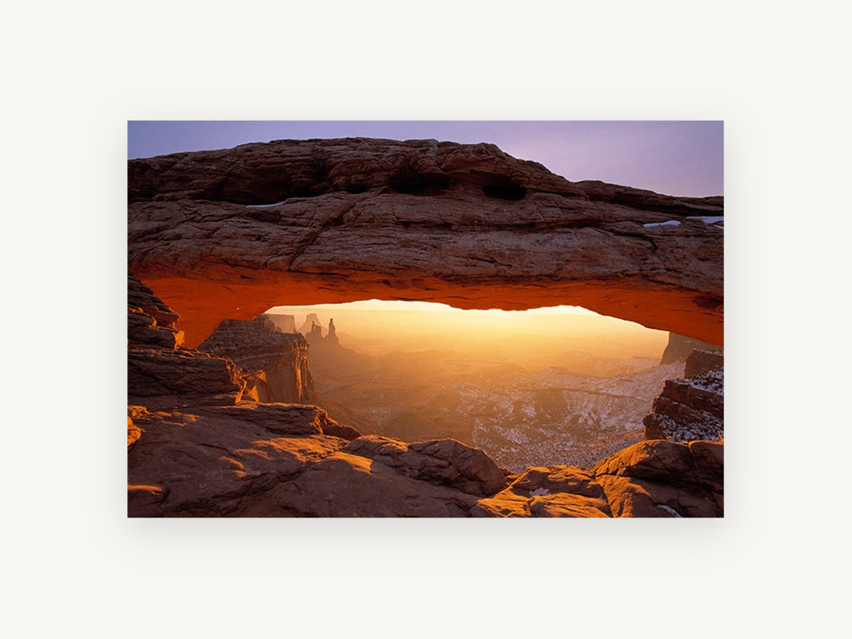 Glowing Rock Arch, sandstone arch desert sunrise photograph, landscape canvas wall art print, front view